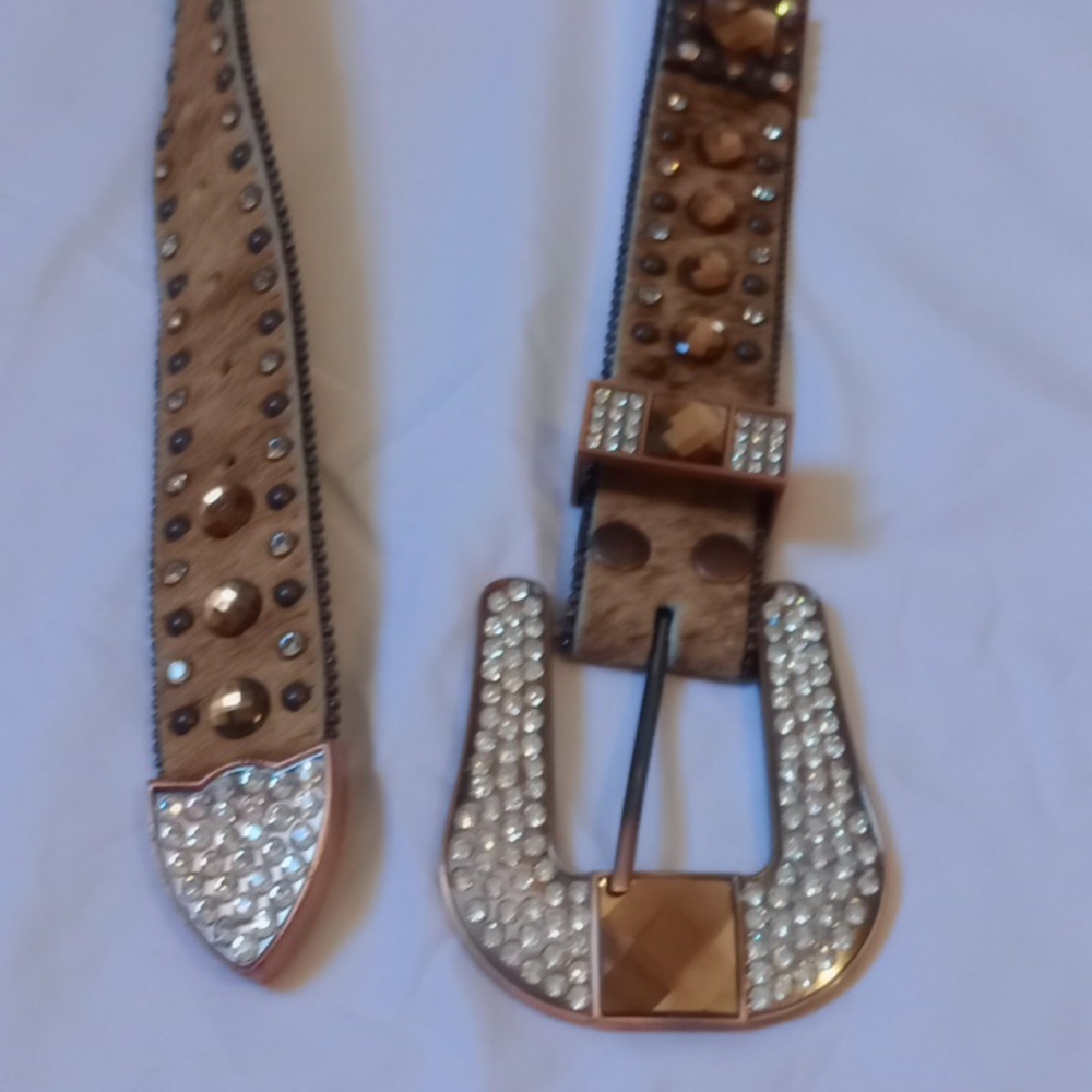 Nocona Brown Fur Belt with Rhinestone Accents - Picture 8 of 11